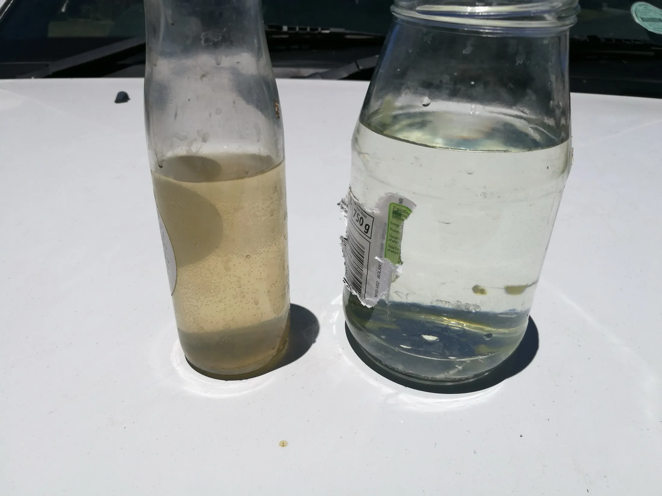 Two water sample jars side by side, one cloudy and discoloured, one clear